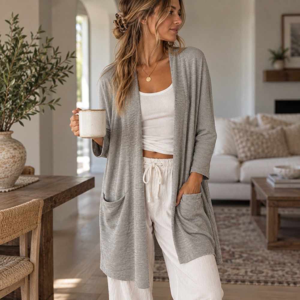 DONNI Gray Ribbed Open Front Cardigan Kimono Oversized Lightweight Pockets OSFA